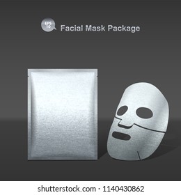 Vector facial mask and package with silver foil texture