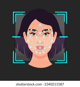 Vector Facial recognition with a woman flat icon, Facial recognition system, Futuristic security, identity detection concept.