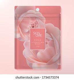 Vector Facial Sheet Mask or Clay Mask Foul Bag or Sachet Bag Packaging. Rose Pattern Printed on Coral Background.