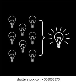 Vector facilitating skills icon of creating one big idea from many small ideas | modern flat design soft skills linear illustration and infographic white on black background