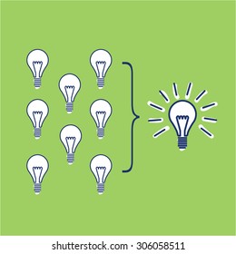 Vector facilitating skills icon of creating one big idea from many small ideas | modern flat design soft skills linear illustration and infographic on green background