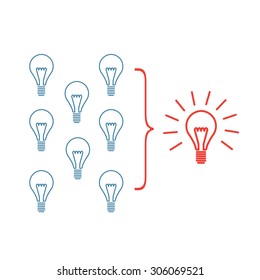 Vector facilitating skills icon of creating one big idea from many small ideas | modern flat design soft skills linear illustration and infographic red and blue on white background