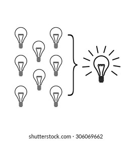 Vector facilitating skills icon of creating one big idea from many small ideas | modern flat design soft skills linear illustration and infographic black on white background