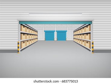 Vector of factory building or warehouse building with concrete floor for industry background.