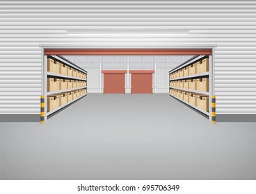 Vector of factory building or warehouse building with concrete floor for industry background.