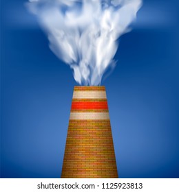 Vector Factory Chimney and Smoke on Blue Sky Background. Environmental Pollution