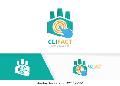 Vector factory and click logo combination. Industry and cursor symbol or icon. Unique manufacturing and digital logotype design template.