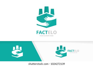 Vector factory and hands logo combination. Industry and embrace symbol or icon. Unique manufacturing and team, friendship logotype design template.