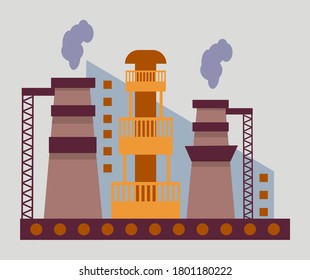 Vector factory icon. Vector illustration of an industrial landscape in a flat style. Industrial plant on the background of a modern city. Smoking pipes. Problem of ecology.