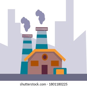 Vector factory icon. Vector illustration of an industrial landscape in a flat style. Industrial plant on the background of a modern city. Smoking pipes. Problem of ecology.