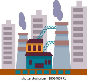 Vector factory icon. Vector illustration of an industrial landscape in a flat style. Industrial plant on the background of a modern city. Smoking pipes. Problem of ecology.