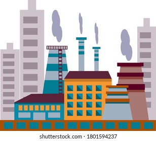 Vector factory icon. Vector illustration of an industrial landscape in a flat style. Industrial plant on the background of a modern city. Smoking pipes. Problem of ecology.