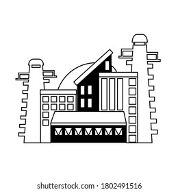 Vektorwerkssymbol im linearen Stil, einzeln auf weißem Hintergrund.  Das Konzept des Industriegebäudes. Industriekomplex. Ein Kraftwerk mit Schornsteinen, Rohren und Reservoirs.