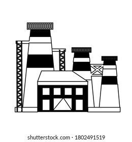 Vector factory icon in linear style, isolated on a white background.  The concept of industrial building. Industrial complex. A power plant with chimneys, pipes, and reservoirs.