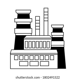 Vector factory icon in linear style, isolated on a white background.  The concept of industrial building. Industrial complex. A power plant with chimneys, pipes, and reservoirs.