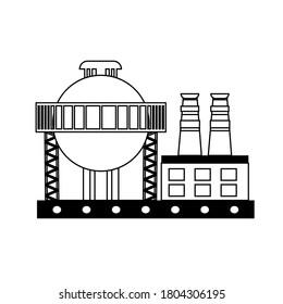 Icono de fábrica de vectores en estilo lineal, aislado en un fondo blanco.  El concepto de construcción industrial. Complejo industrial. Una planta de energía con chimeneas, tuberías y reservorios.
