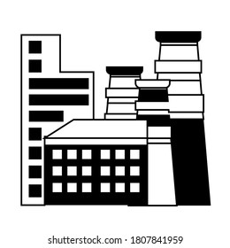 Vector factory icon in linear style, isolated on a white background.  The concept of industrial building. Industrial complex. A power plant with chimneys, pipes, and reservoirs.