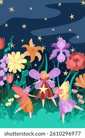 Vector of fairies dancing in fantasy garden with bright flowers. Starry night sky and lush foliage background. Magical garden scene with winged girls in round dance. Fairy tale prints and cards