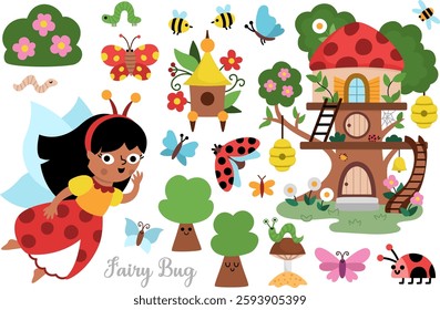 Vector fairy bug clipart set. Cute icons of girl with wings. Woodland princess collection. Fantasy, fairytale forest illustrations. Magic creature pack with butterfly, ladybird tree house, bee