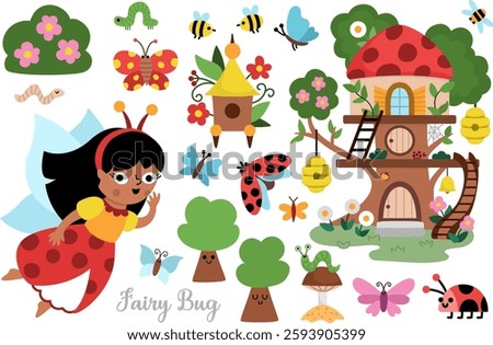 Vector fairy bug clipart set. Cute icons of girl with wings. Woodland princess collection. Fantasy, fairytale forest illustrations. Magic creature pack with butterfly, ladybird tree house, bee