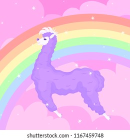 Vector fairy cartoon illustration of a violet jumping lama in the starry sky with rainbow.