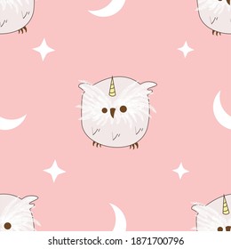 Vector fairy celestial pink white seamless patern with fluffy unicorn owl nestlings, moons and stars.