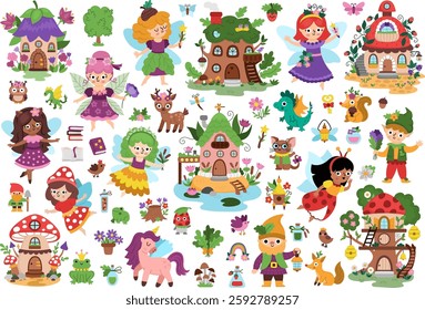 Vector fairy clipart set. Cute icons of little girls. Woodland princess collection. Fantasy forest animal illustration. Magic garden pack with elf, dwarf, house, unicorn, dragon, fairytale creature