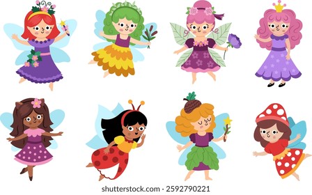 Vector fairy clipart set. Cute icons of little girls with wings. Woodland princess collection. Fantasy forest fay illustrations. Magic pack with garden, flower, mushroom, unicorn fairytale creature