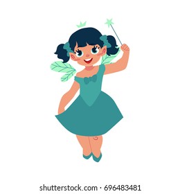Vector fairy girl illustration on white background. Cute cartoon smiling child with butterfly wings wearing queen crown isolated. Magic, flying kid holding magic star wand. Element for your design