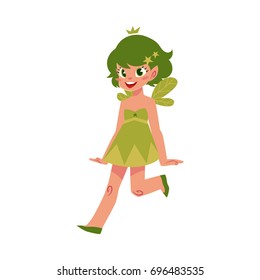 Vector fairy girl illustration on white background. Cute cartoon smiling child with butterfly wings wearing queen crown isolated. Magic, flying kid holding magic star wand. Element for your design