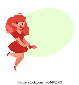 Vector fairy girl illustration on white background. Cute cartoon smiling child with butterfly wings wearing queen crown with bubble speech. Magic, flying kid holding magic star wand.
