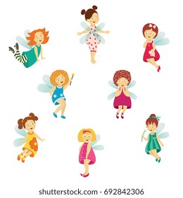 Vector fairy girl set illustration on white background. Cute cartoon smiling child with butterfly wings wearing queen crown isolated. Magic flying kid holding magic star wand. Element for your design
