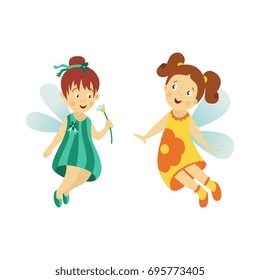 Vector fairy girl set illustration on white background. Cute cartoon smiling child with butterfly wings in cute dress isolated. Magic flying kid. Element for your design