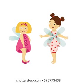 Vector fairy girl set illustration on white background. Cute cartoon smiling child with butterfly wings in cute dress isolated. Magic flying kid . Element for your design