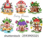 Vector fairy house clipart set. Woodland princess home icons collection. Fantasy forest cottages illustrations. Magic fairytale creature dwelling shaped as berry, flower, mushroom, treehouse
