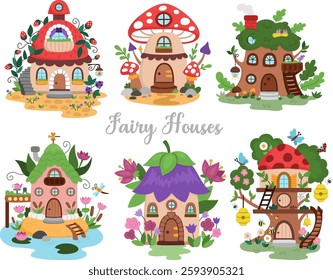 Vector fairy house clipart set. Woodland princess home icons collection. Fantasy forest cottages illustrations. Magic fairytale creature dwelling shaped as berry, flower, mushroom, treehouse
