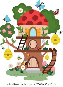 Vector fairy house icon isolated on white background. Woodland princess home clipart. Fantasy forest cottage illustration. Magic fairytale dwelling or treehouse with roof shaped as ladybug, insects
