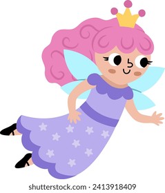 Vector fairy icon. Fantasy flying sorceress with pink hair and crown. Fairytale character in purple robe with stars. Cartoon magic princess with wings isolated on white background
