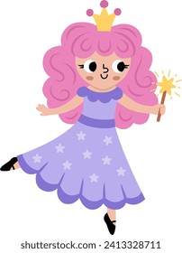 Vector fairy icon. Fantasy sorceress with magic wand, pink hair and crown. Fairytale character in purple robe with stars. Cartoon magic princess isolated on white background
