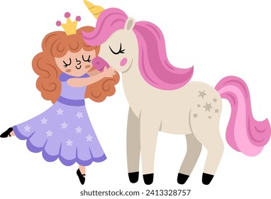 Vector fairy icon. Fantasy sorceress with crown hugging a unicorn with pink hair. Fairytale character in purple robe with stars. Cartoon magic princess isolated on white background
