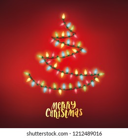 Vector fairy lights shaped into a Christmas tree shape. Festive Christmas greeting card template. Also perfect for your banner or brochure. 