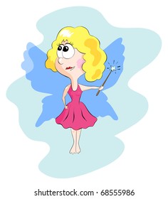 The vector fairy in a pink dress on a blue background
