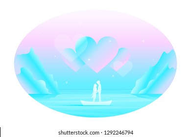 Vector fairy romantic landscape in oval frame with silhouette of kissing couple in love in the boat among the sea under the big abstract hears in the sky. 