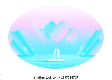 Vector fairy romantic landscape in oval frame with silhouette of kissing lesbian couple in love in the boat among the sea, under the big abstract hears in the sky. 