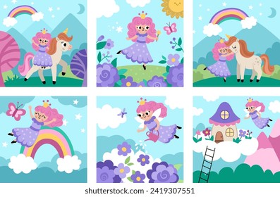 Escenas de hadas vectoriales. Colección de fondo cuadrado con princesa pequeña. Ilustraciones del mundo mágico o de fantasía con muchacha, unicornio, arcoiris, cabaña en la nube. Paisaje de cuento de hadas para los niños 
