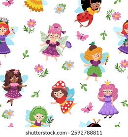 Vector fairy seamless pattern. Cute repeat background with little girls with wings. Woodland princess digital paper. Fantasy forest, magic texture with acorn, mushroom, unicorn, fairytale creatures
