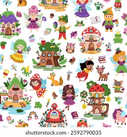 Vector fairy seamless pattern. Cute repeat background with little girl. Woodland princess digital paper. Fantasy forest, magic garden texture with elf, house, unicorn, dragon, fairytale creature