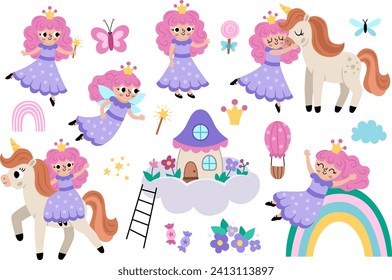 Vector fairy set. Fantasy sorceress with magic wand, pink hair, crown, house on cloud. Fairytale character collection. Cartoon magic princess flying, hugging unicorn, sliding rainbow