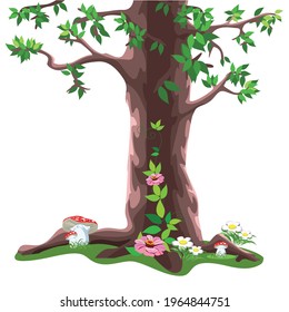 Vector fairy tale big tree in cartoon style isolated on white background. To decorate the fairy forest.