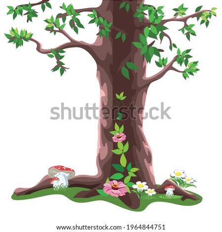 Vector fairy tale big tree in cartoon style isolated on white background. To decorate the fairy forest.